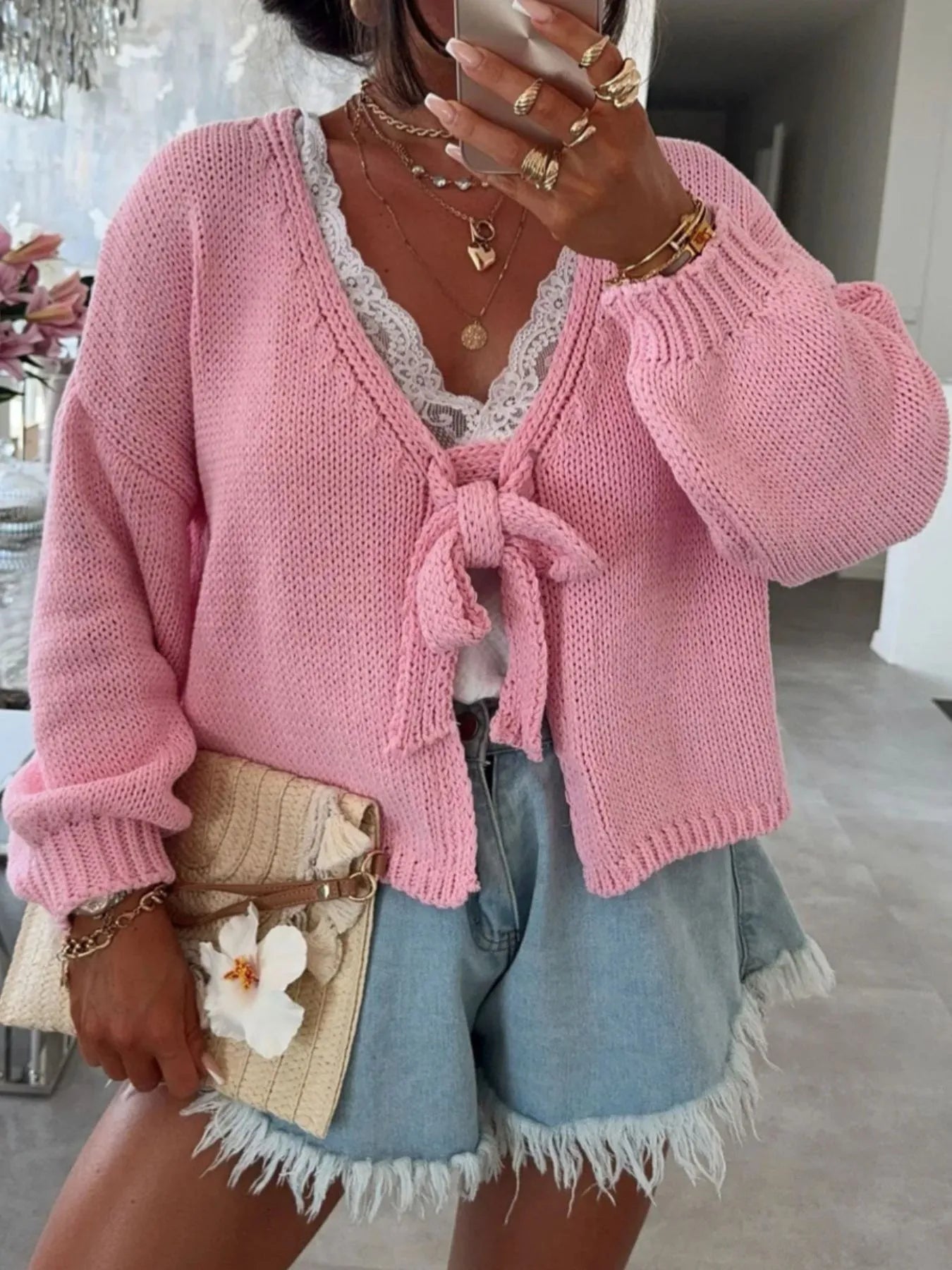 Tied Drop Shoulder Cardigan Pink - Fashorio