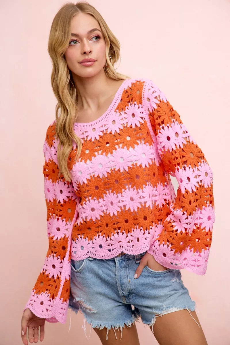 Flower crochet knit top front view