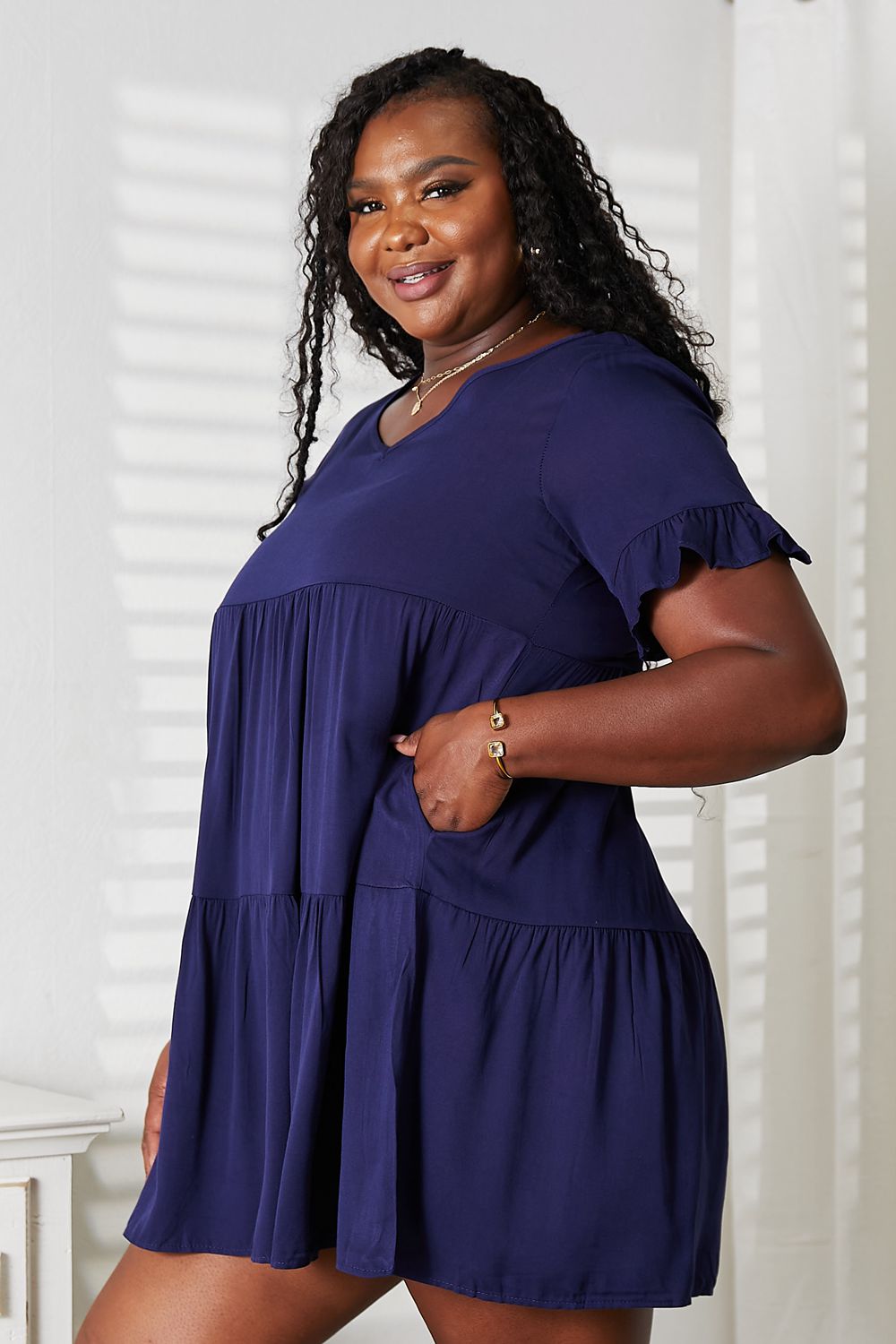 Mandy V Neck Flounce Sleeve Tiered Dress detail