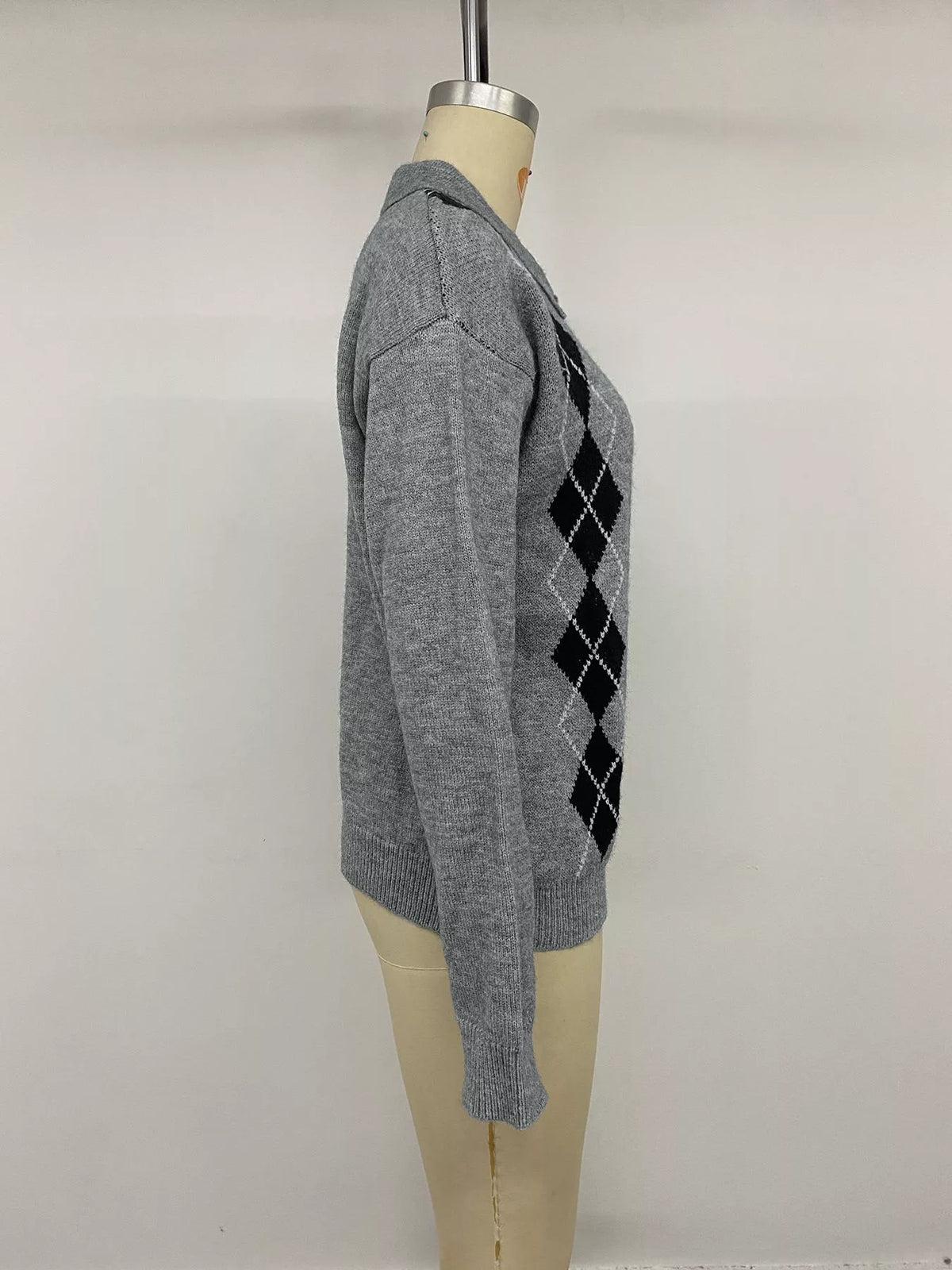 Argyle Polo Collar Ribbed Sweater view 11