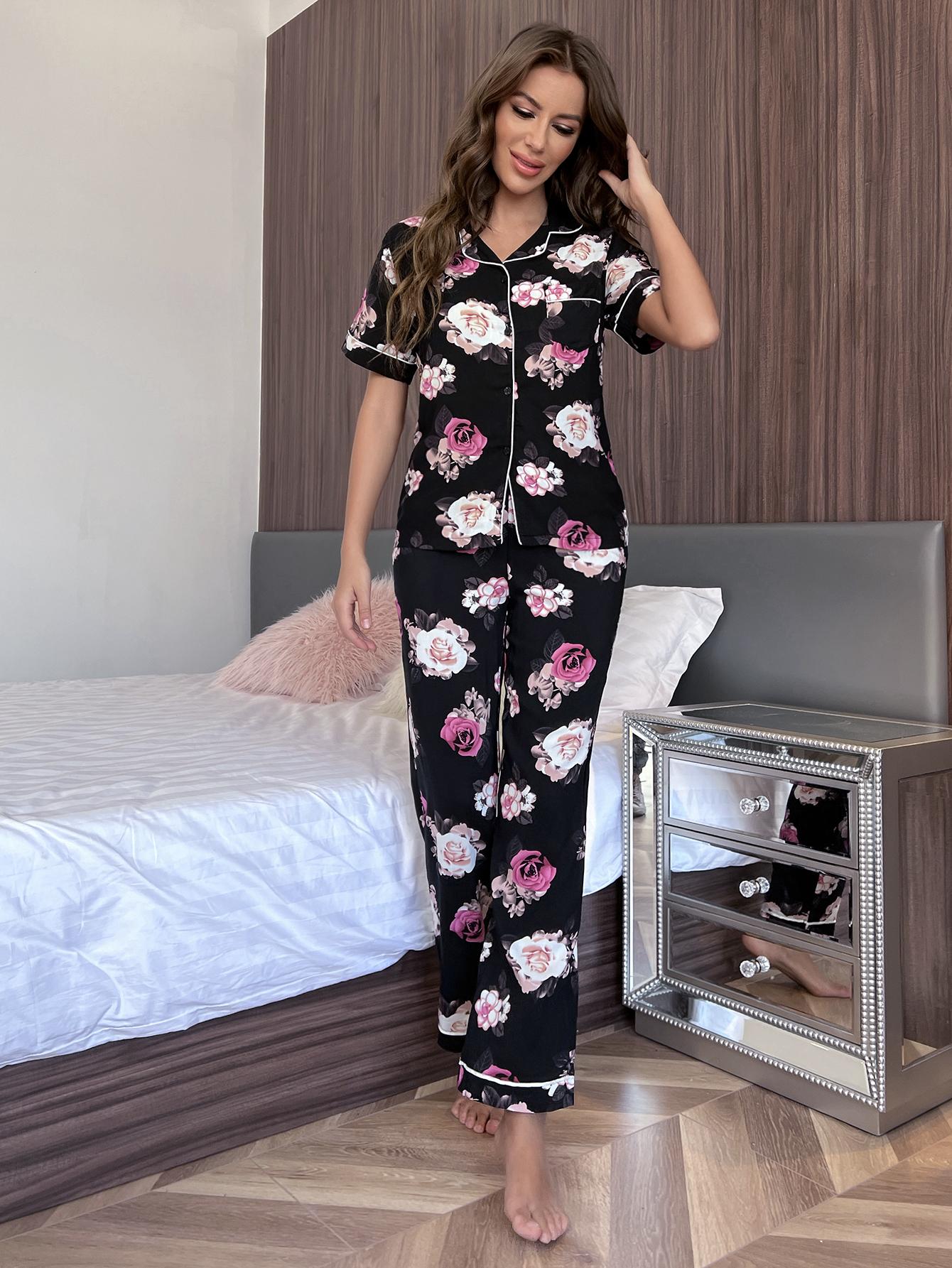 Floral Short Sleeve Shirt and Pants Lounge Set - Fashorio