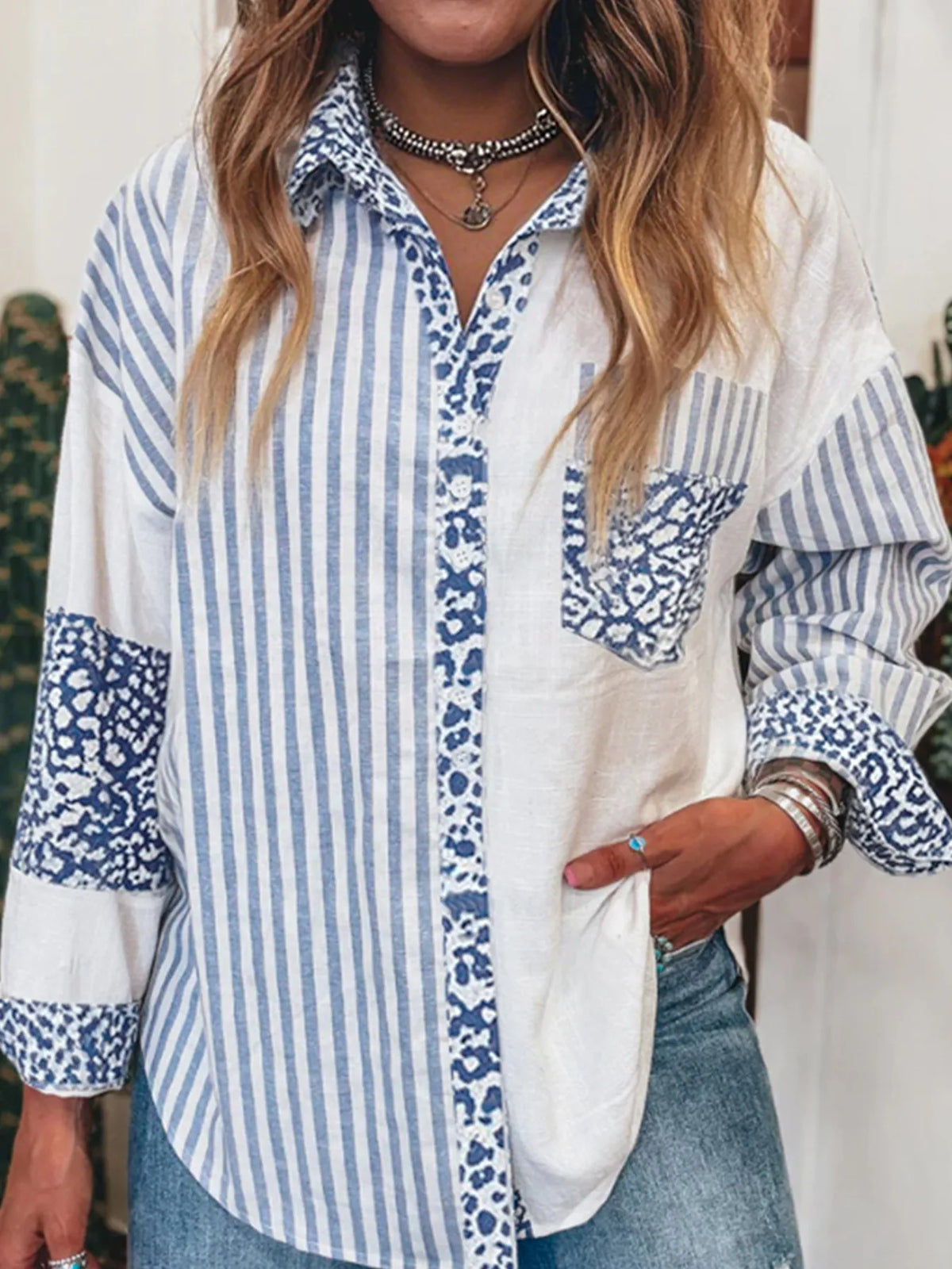 Striped patchwork button down shirt with leopard detail front view