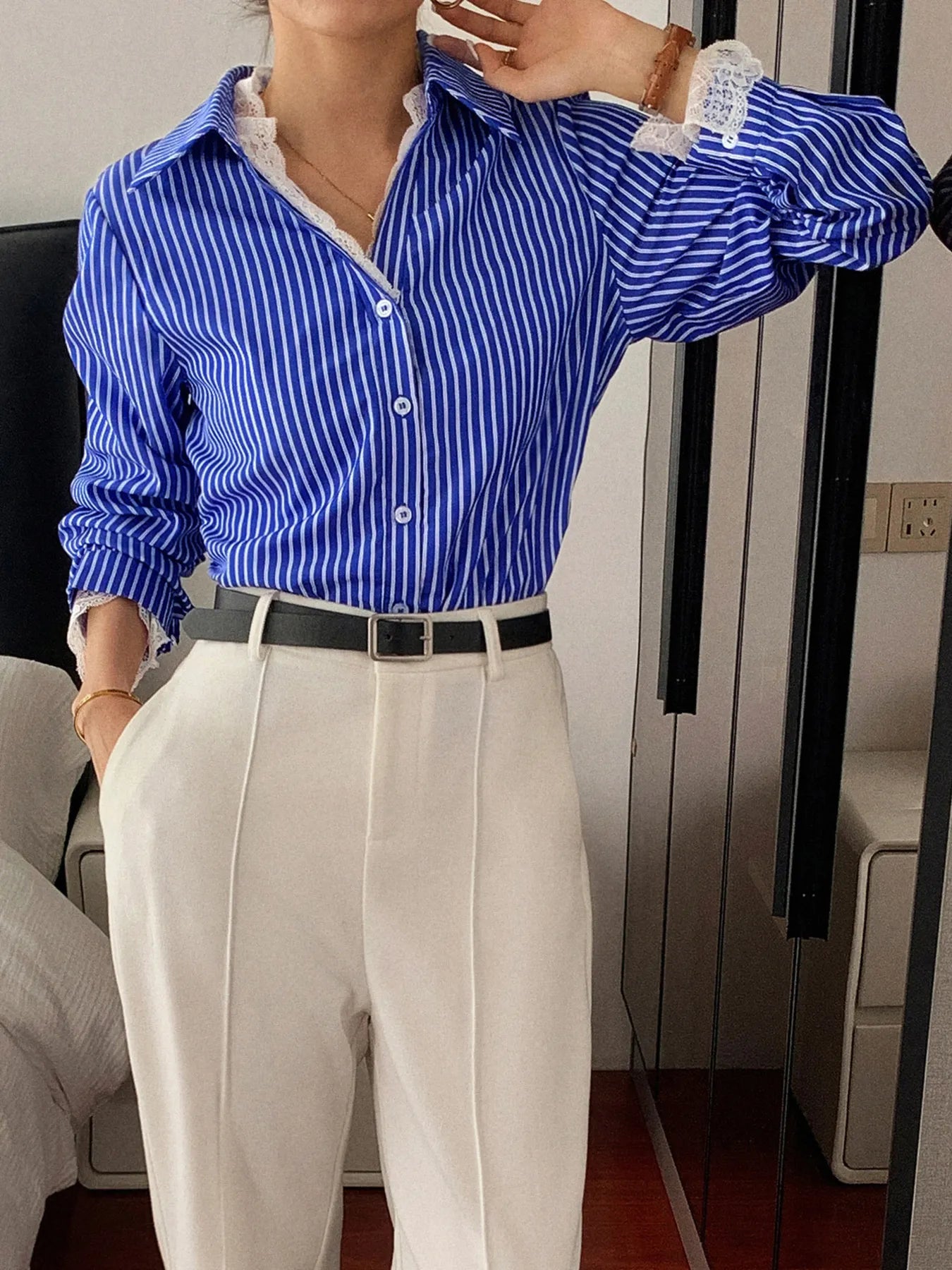 Striped Button-Down Shirt with Lace Detail - Fashorio