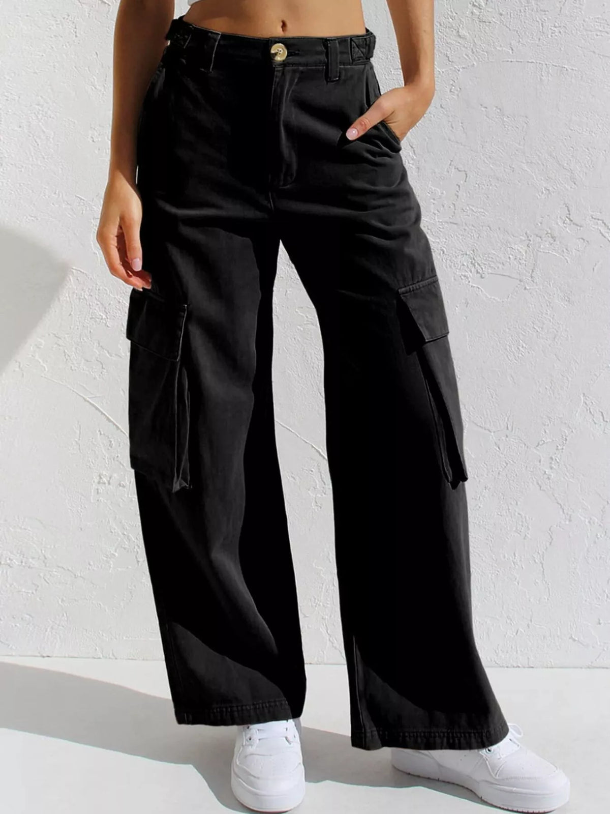 High waist wide leg cargo jeans front view