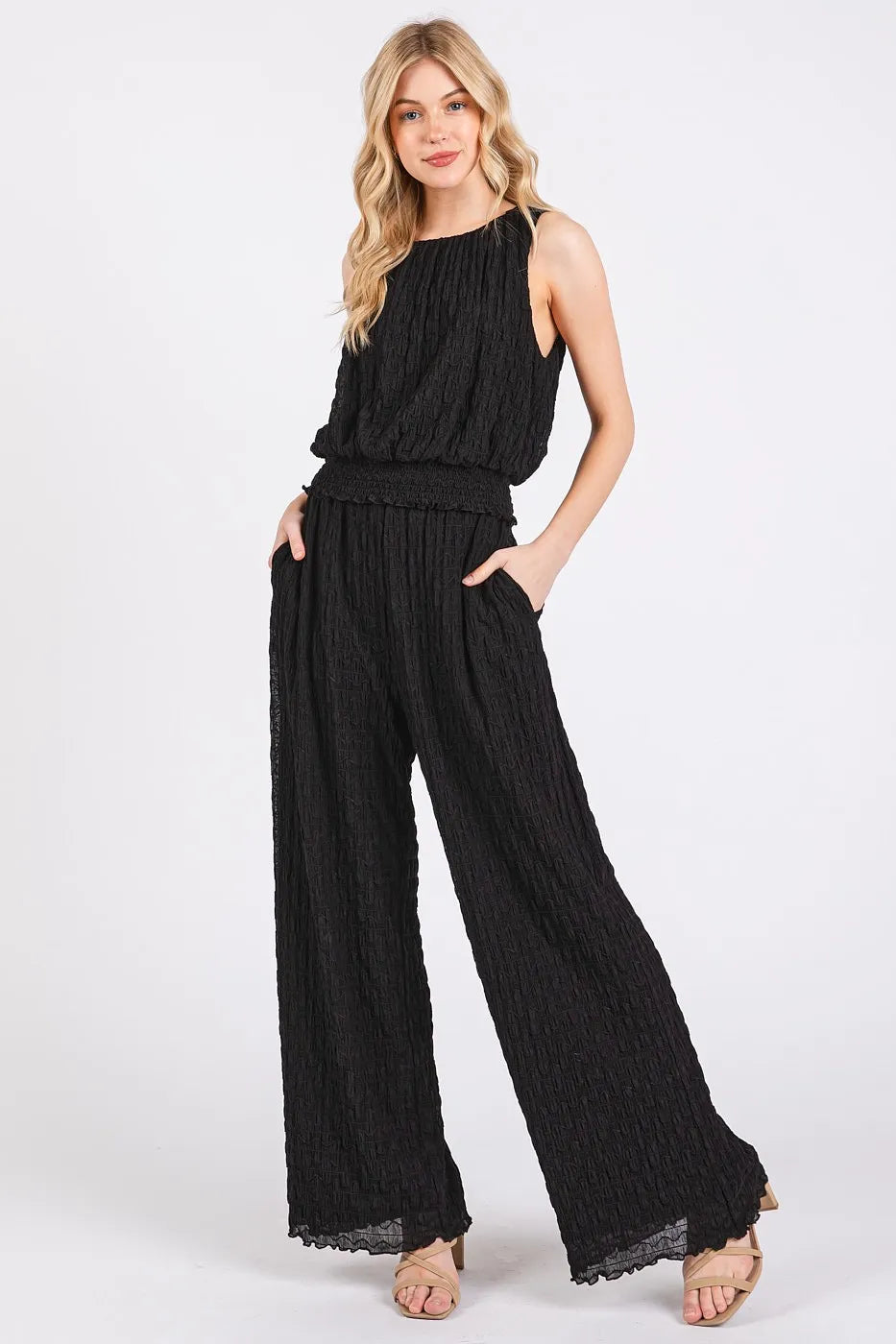 Mittoshop Textured Stretchy Crop Tank and Pants Set BLACK - Fashorio