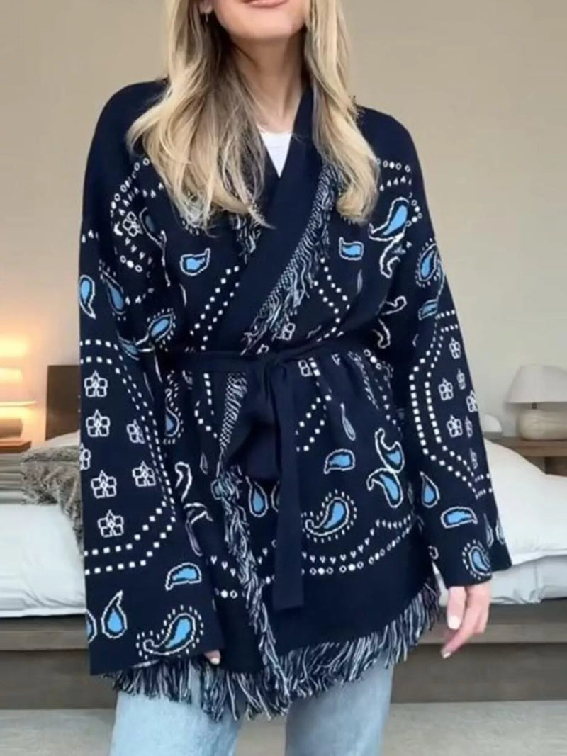 Dark blue printed fringe cardigan front view