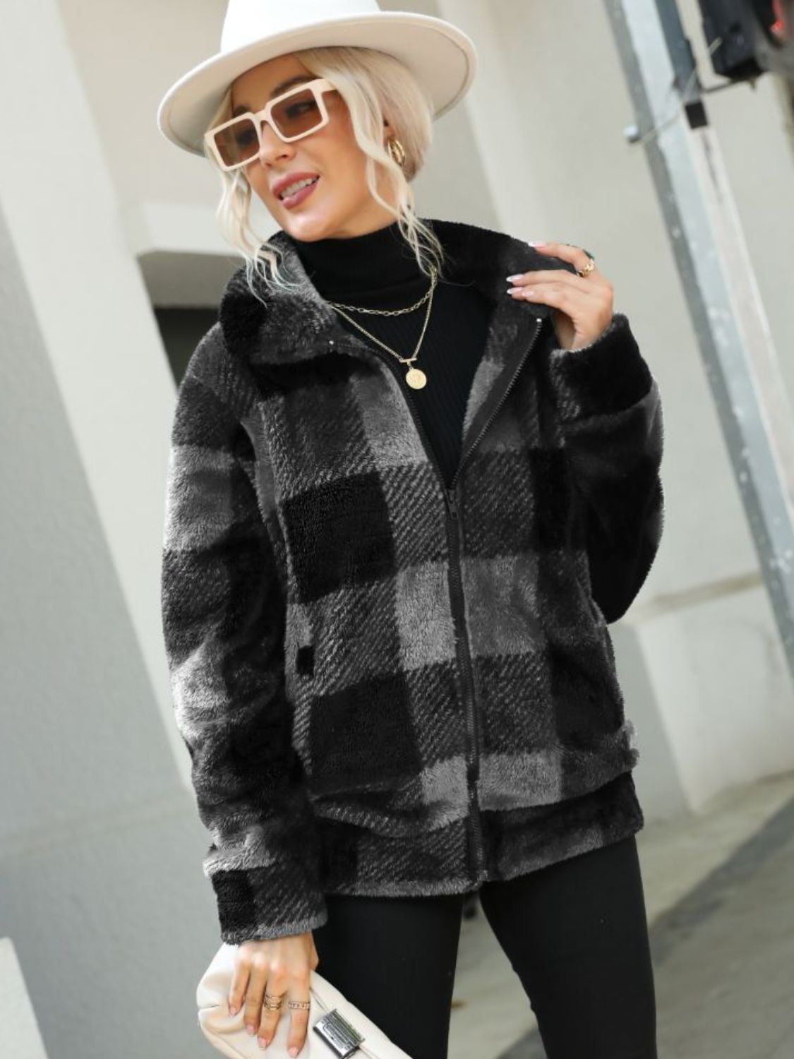 Plaid Zip-Up Collared Jacket Charcoal - Fashorio