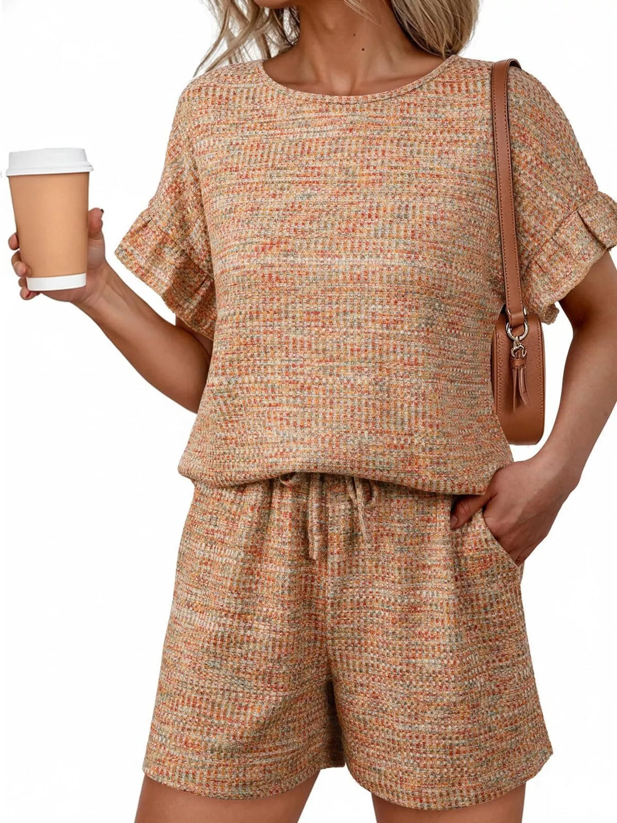 Ruffle Sleeve Textured Top and Shorts Set, view 21