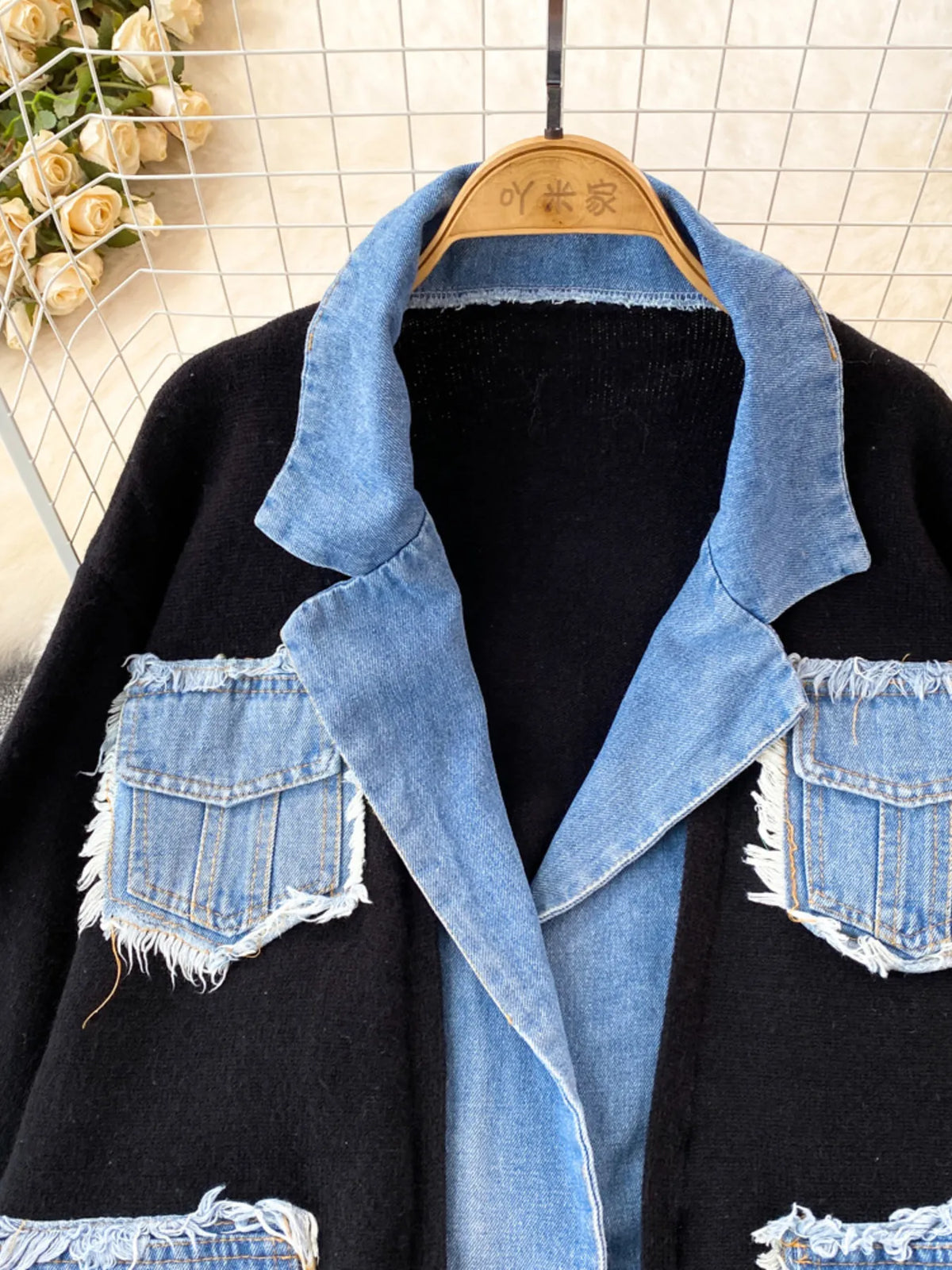 raw hem patchwork pocket cardigan neckline detail