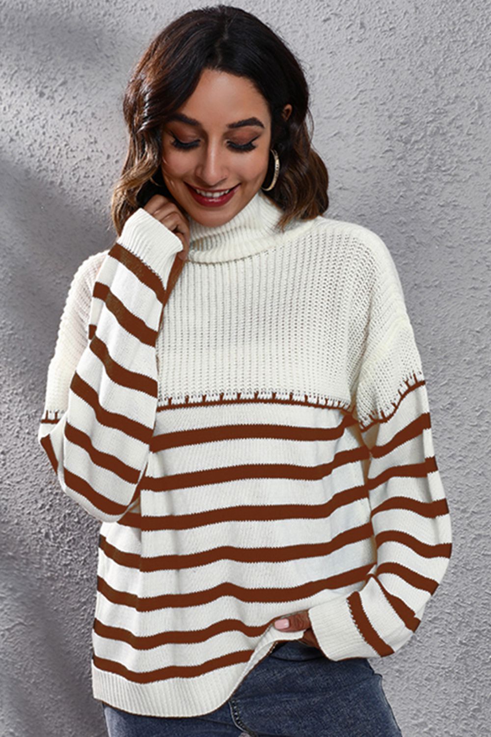 Striped Turtleneck Drop Shoulder Sweater Brown - Fashorio