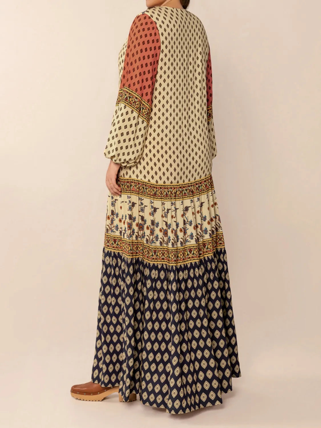 Printed V neck balloon sleeve maxi dress in khaki full length view