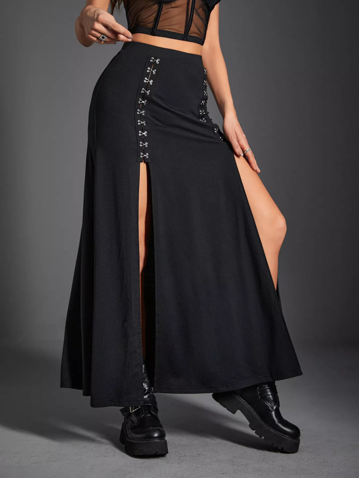 Long black skirt showing leg slit