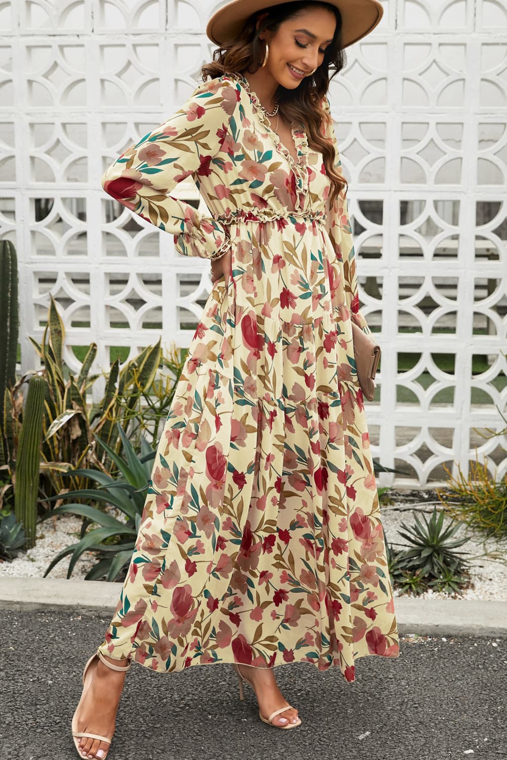 Floral Frill Trim Flounce Sleeve Plunge Maxi Dress - Fashorio