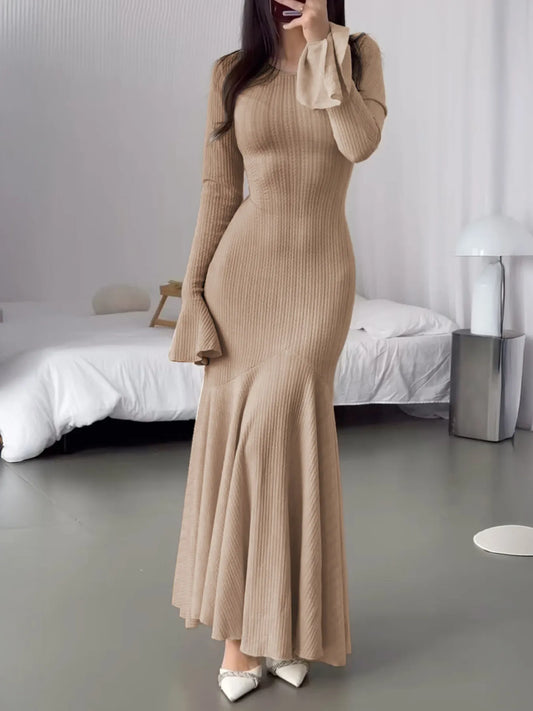 Elegant Ribbed Long Sleeve Mermaid Sweater Dress Khaki - Fashorio