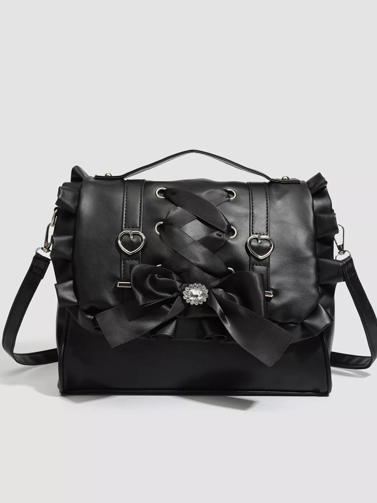 Ruffled bow leather backpack lace up detail