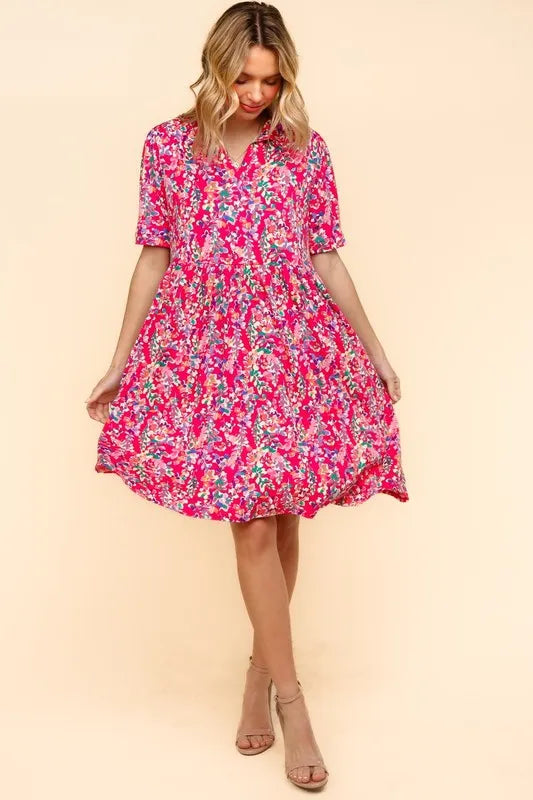 Johnny Collar Babydoll Dress with Pockets in Fuchsia on model