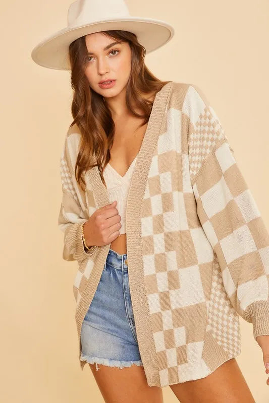 Annie Wear Checkered Open Front Drop Shoulder Cardigan - Fashorio