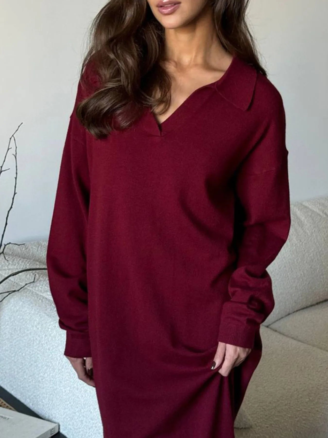 Long Sleeve Collared Neck Knit Dress - Fashorio