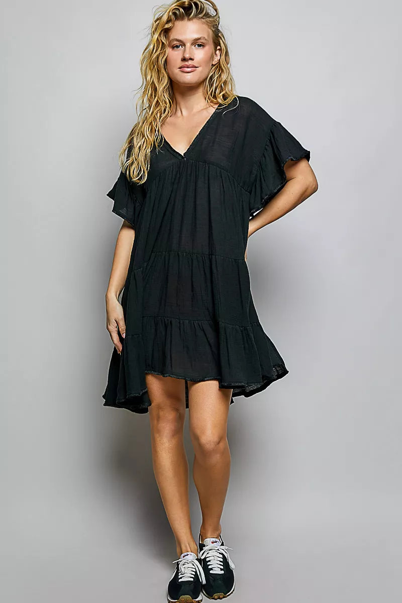 Back view of the relaxed fit black cotton dress