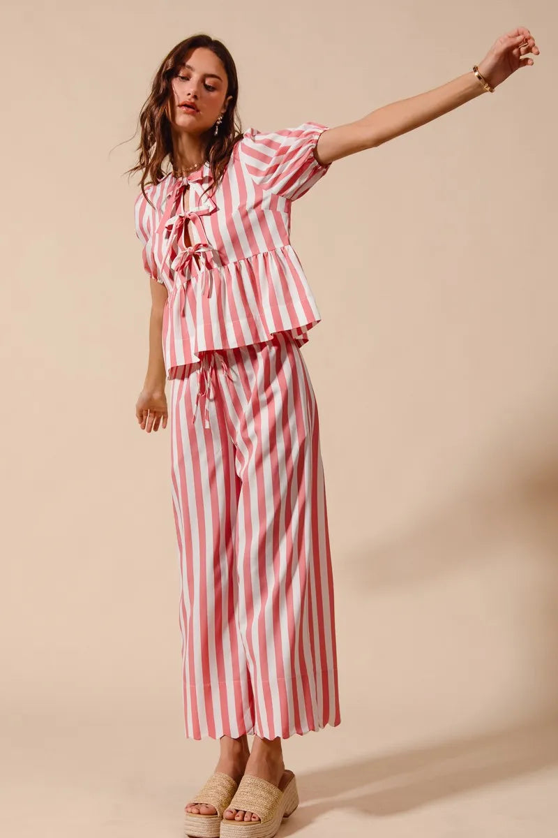 SO ME Front Tie Stripe Top With Puff Sleeves and Wide Leg Pants Set - Fashorio