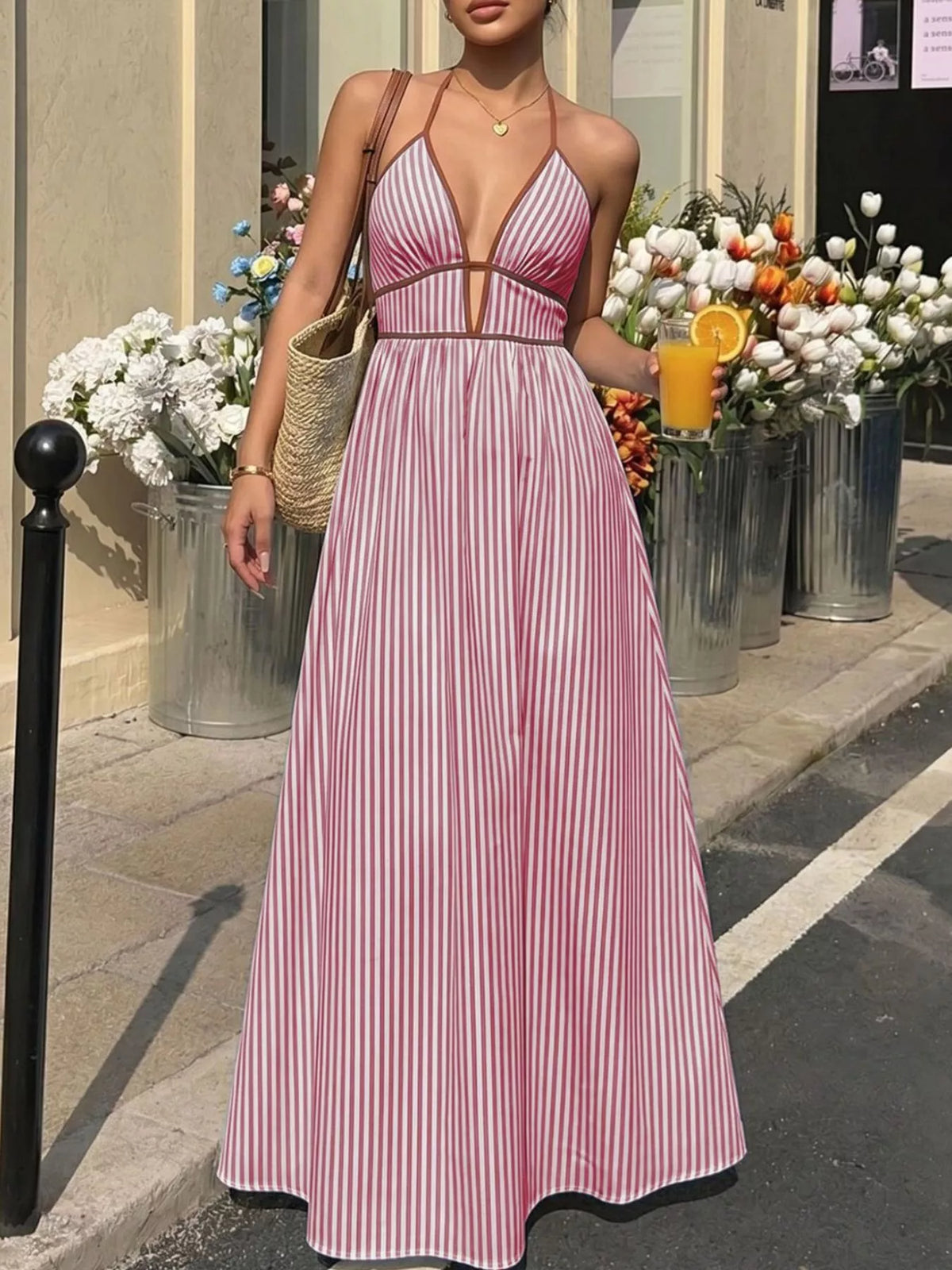 Burgundy striped maxi dress full length view