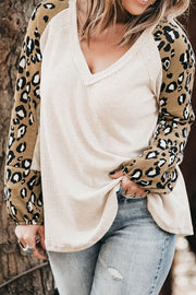 Plus Size Leopard V-Neck Raglan Sleeve Blouse - Fashorio