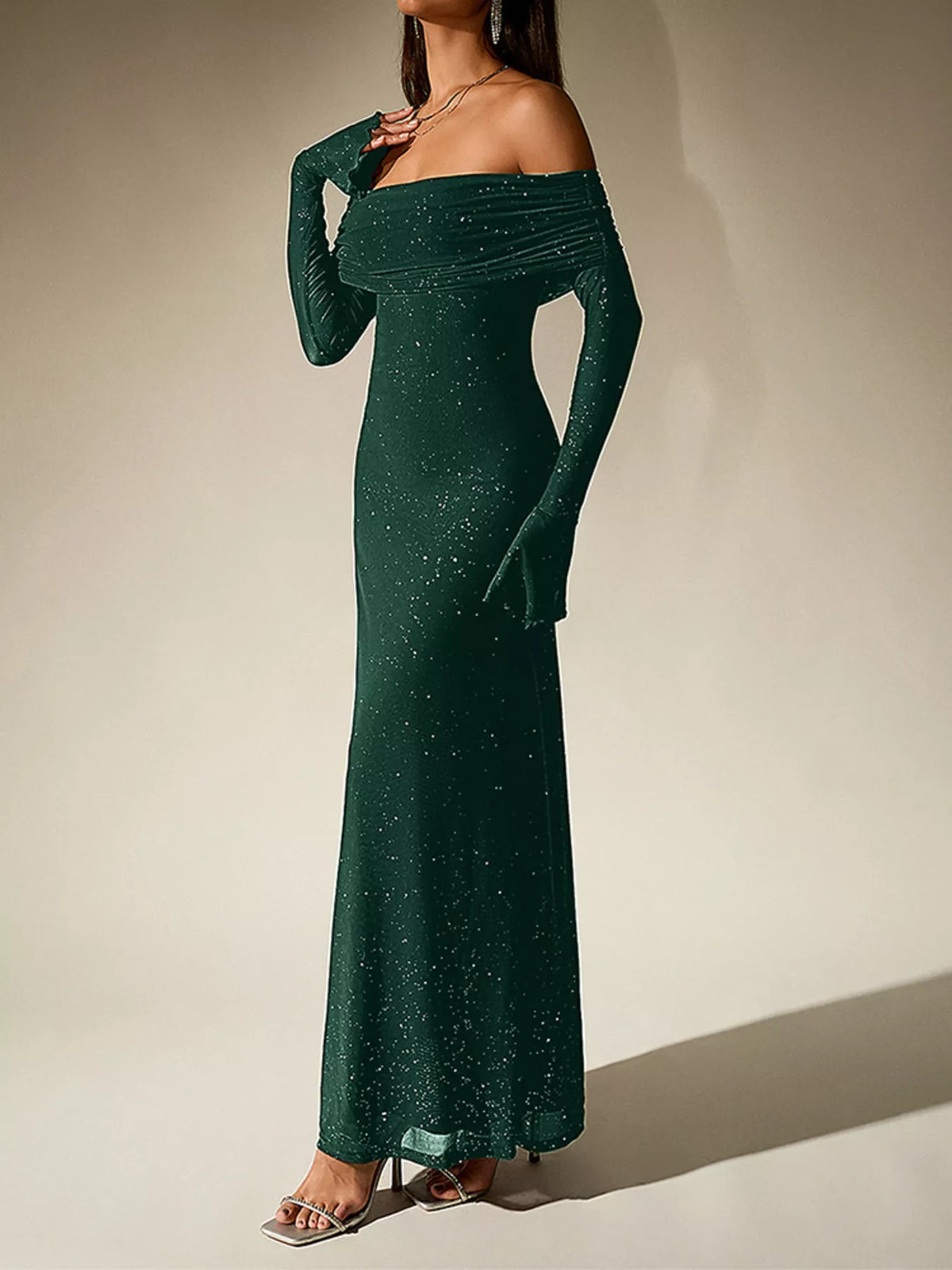 glitter off shoulder maxi dress hem and length detail