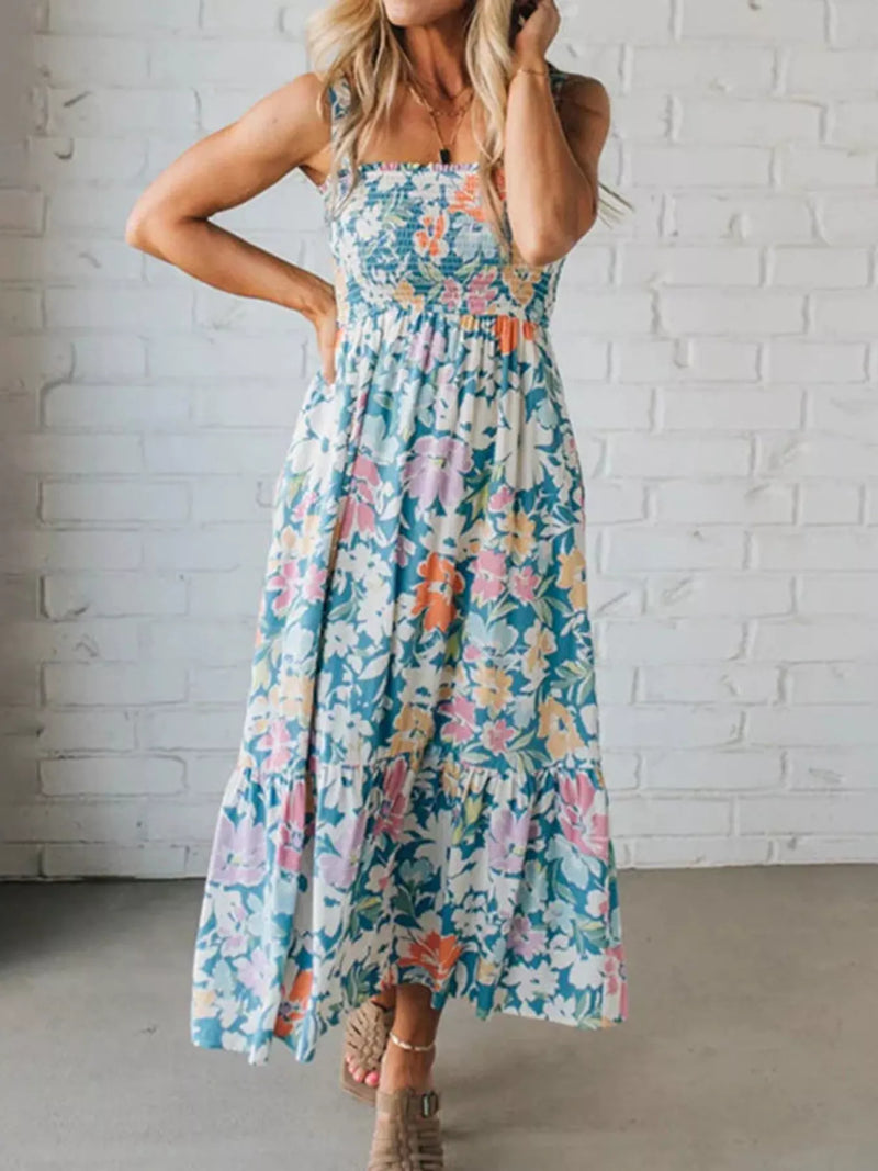 Floral smocked square neck dress in blue front view