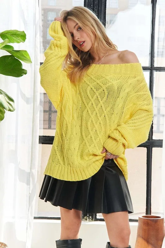 Cable Knit Off Shoulder Sweater in Yellow