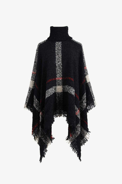 Plaid Turtleneck Raw Hem Poncho Black One Size - Fashorio
