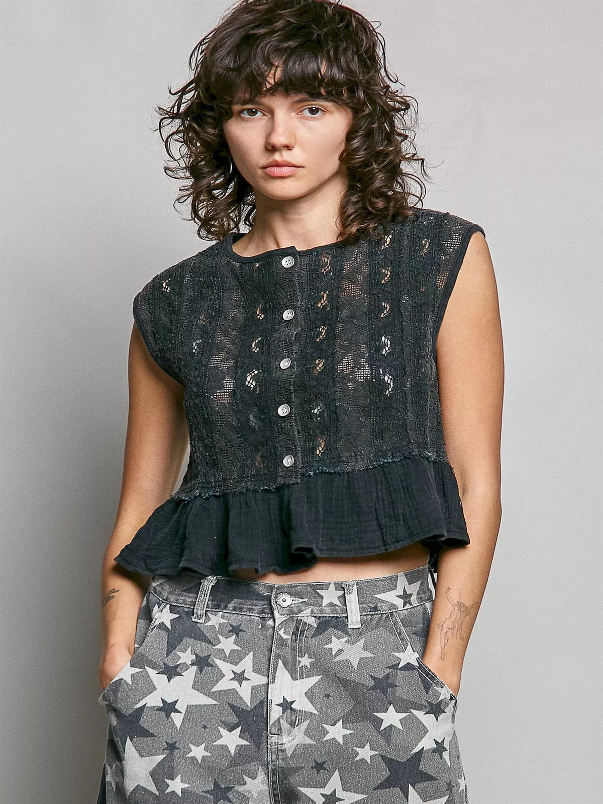 POL round neck lace sleeveless top in black, front view