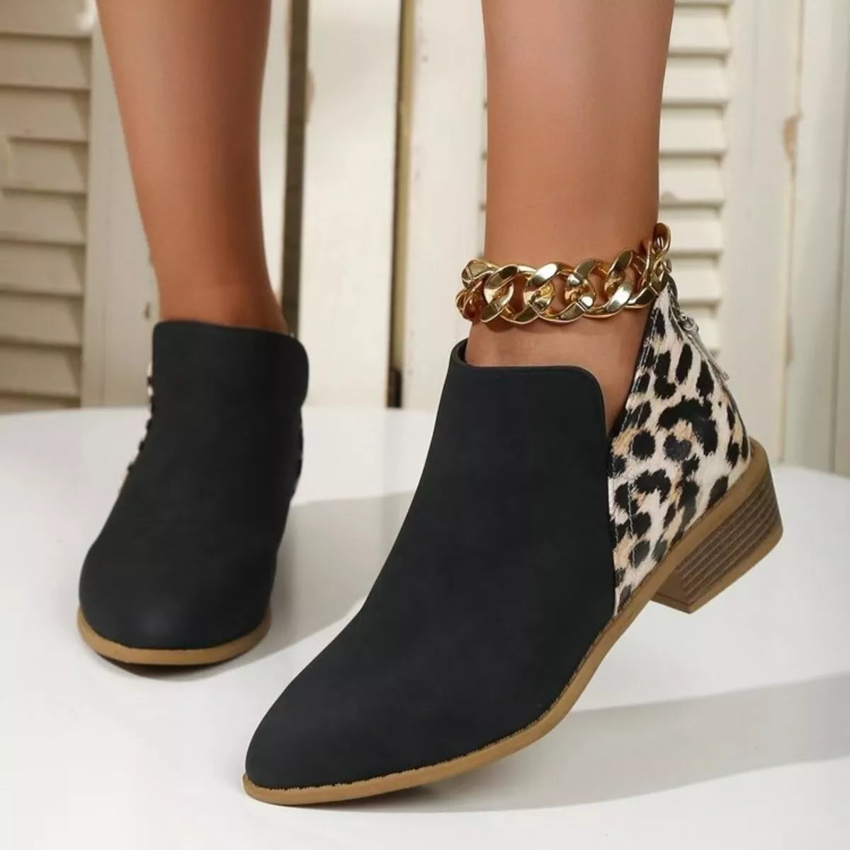 leopard point toe block heel boots side profile