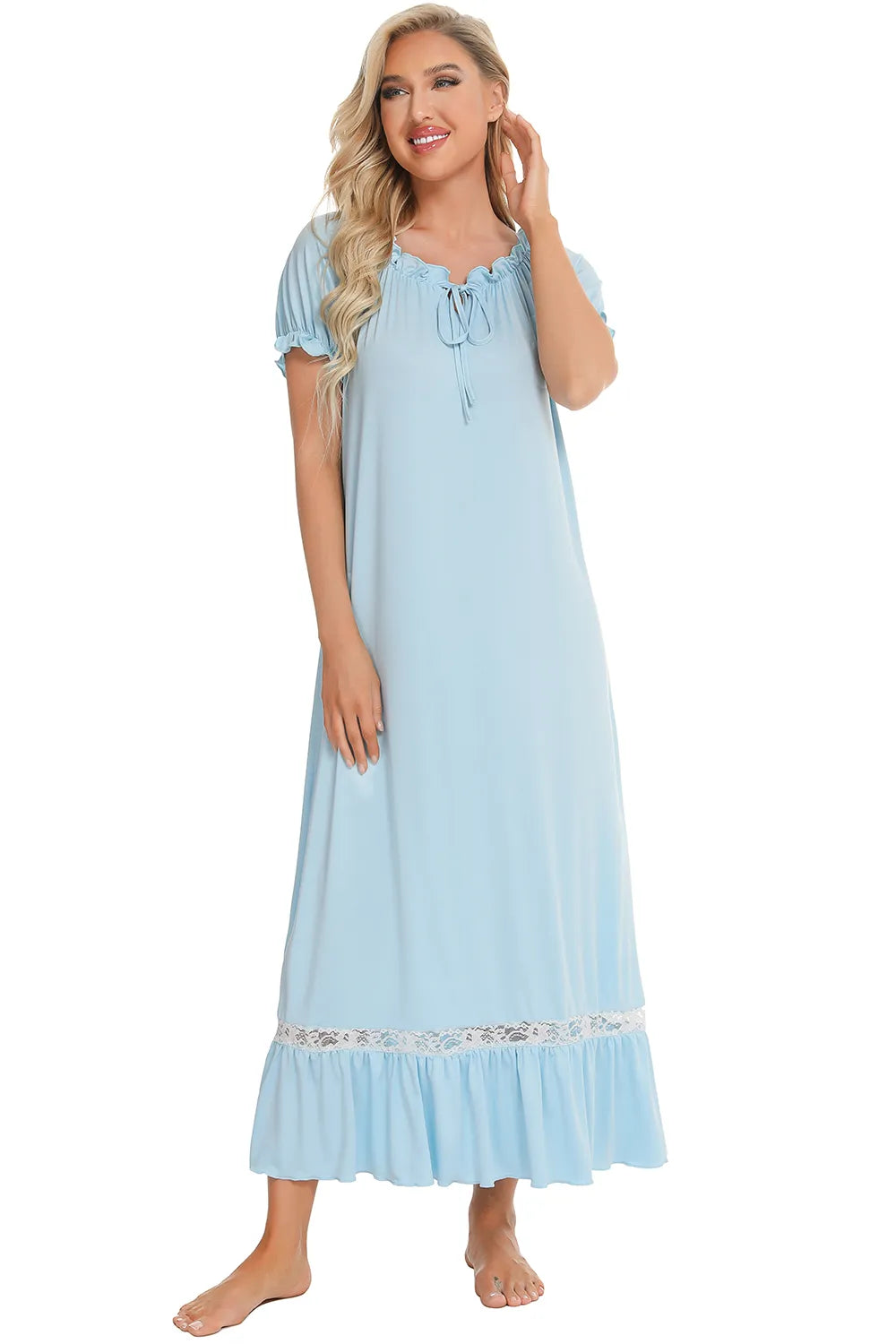 Lace Detail Short Sleeve Lounge Dress - Fashorio