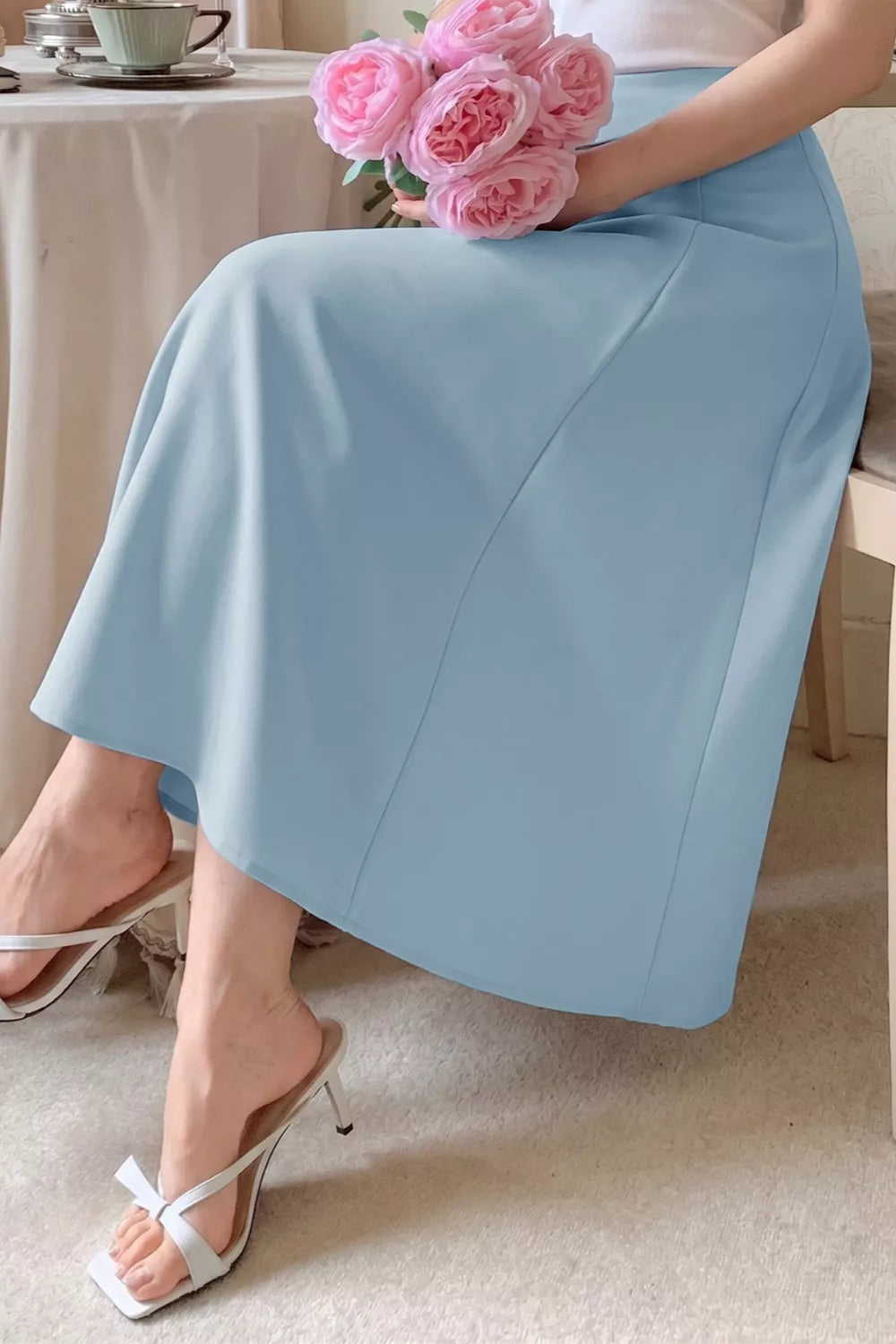 Light blue midi skirt back zip view