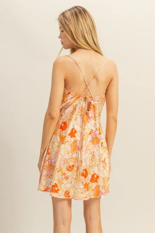 Floral Cowl Neck Flirty Satin Mini Dress side view