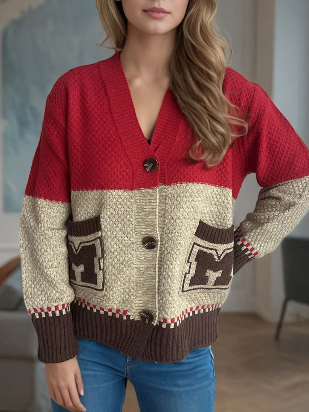 Pocketed Contrast V-Neck Button Up Cardigan - Fashorio