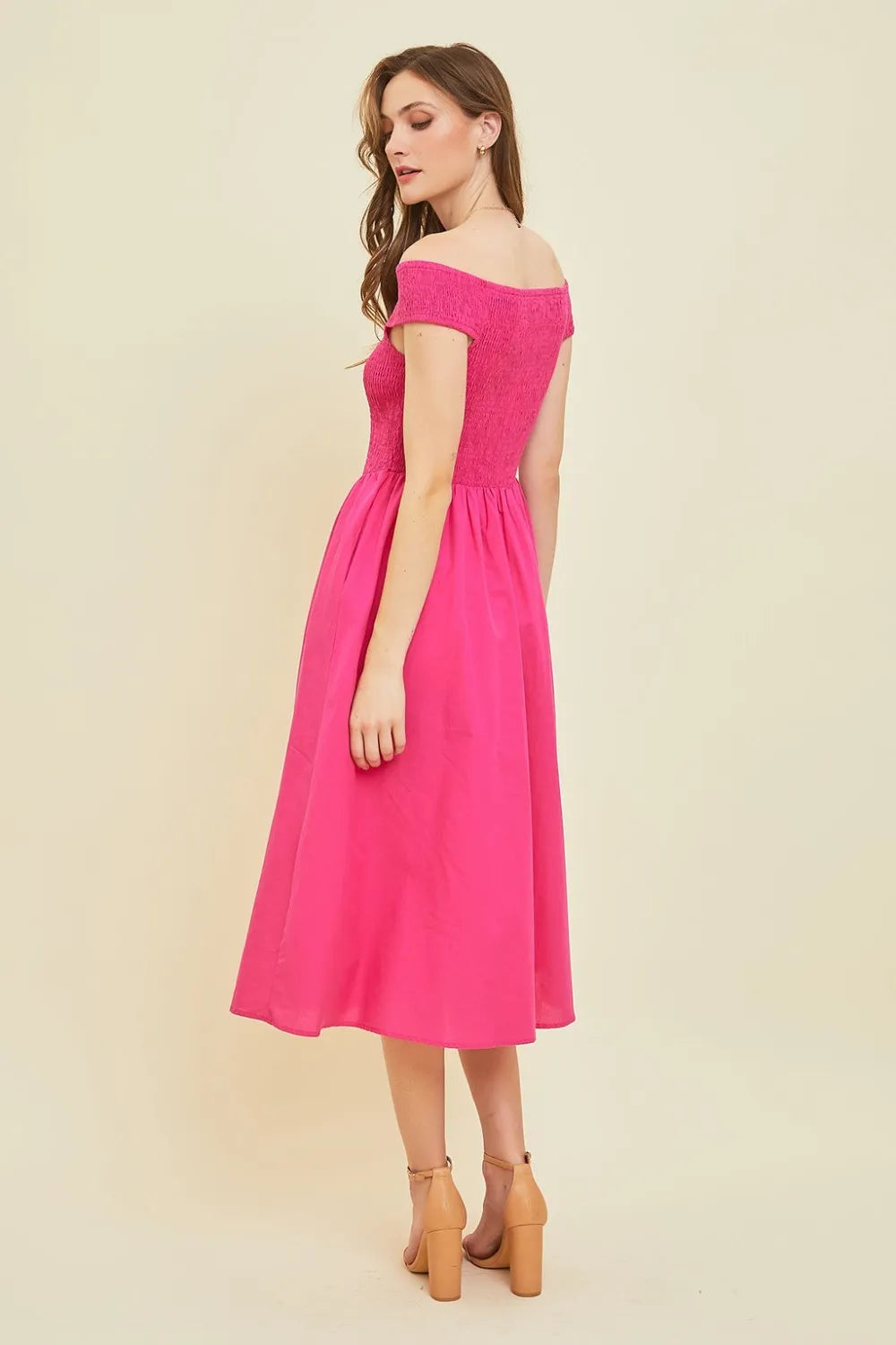 Off Shoulder Smocked Midi Dress back view