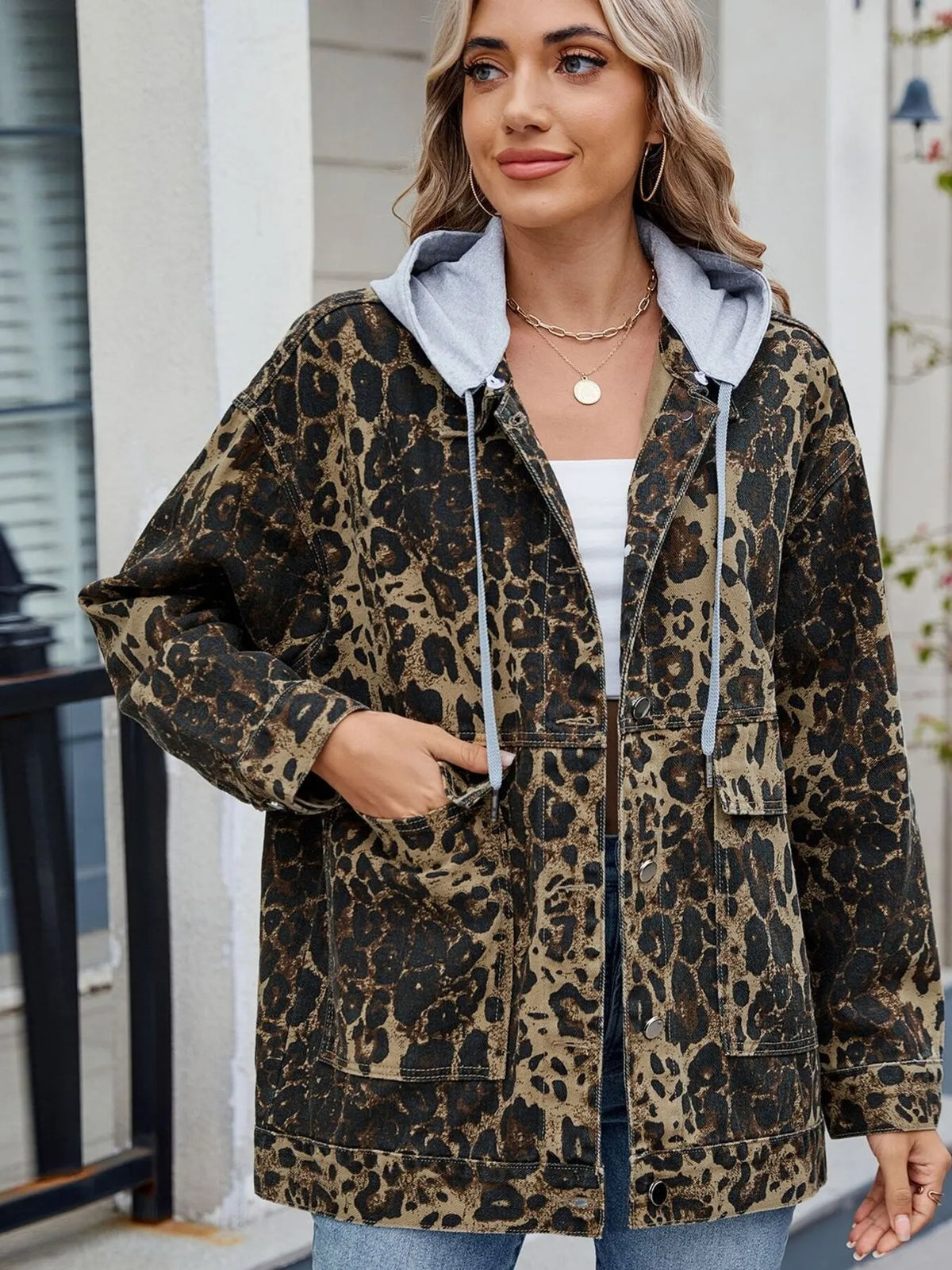 Oversized Hooded Denim Jacket in Light Blue view 18