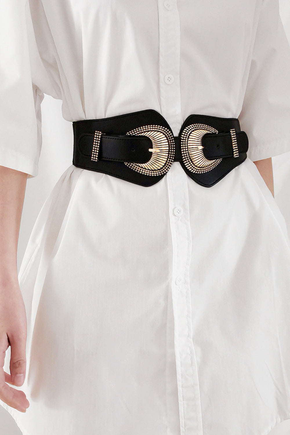 Shell Double Buckle Elastic Wide Belt Black One Size - Fashorio