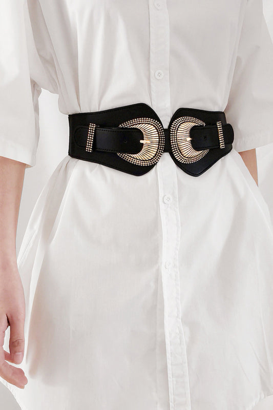 Shell Double Buckle Elastic Wide Belt Black One Size - Fashorio