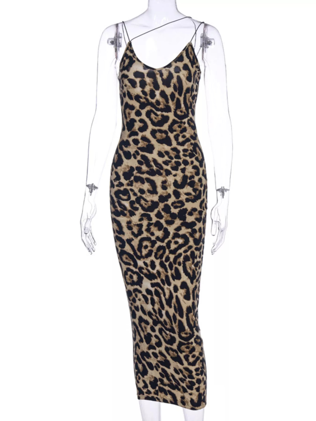 Back view of the leopard print spaghetti strap dress