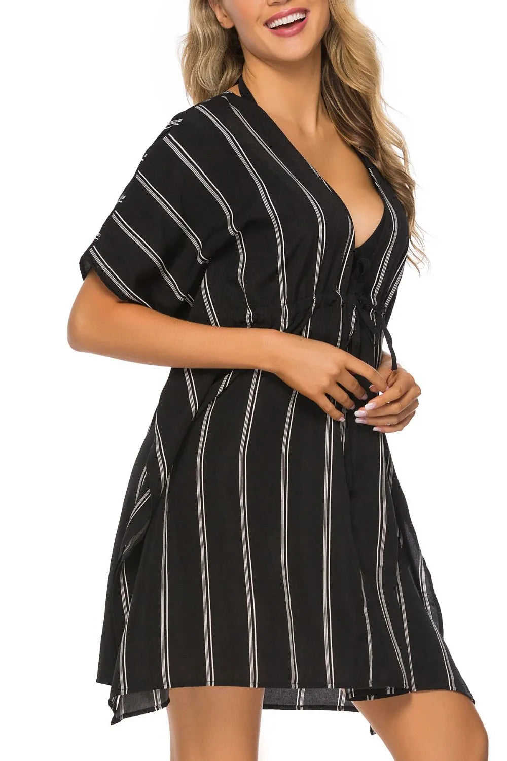 Drawstring Striped V-Neck Cover-Up - Fashorio