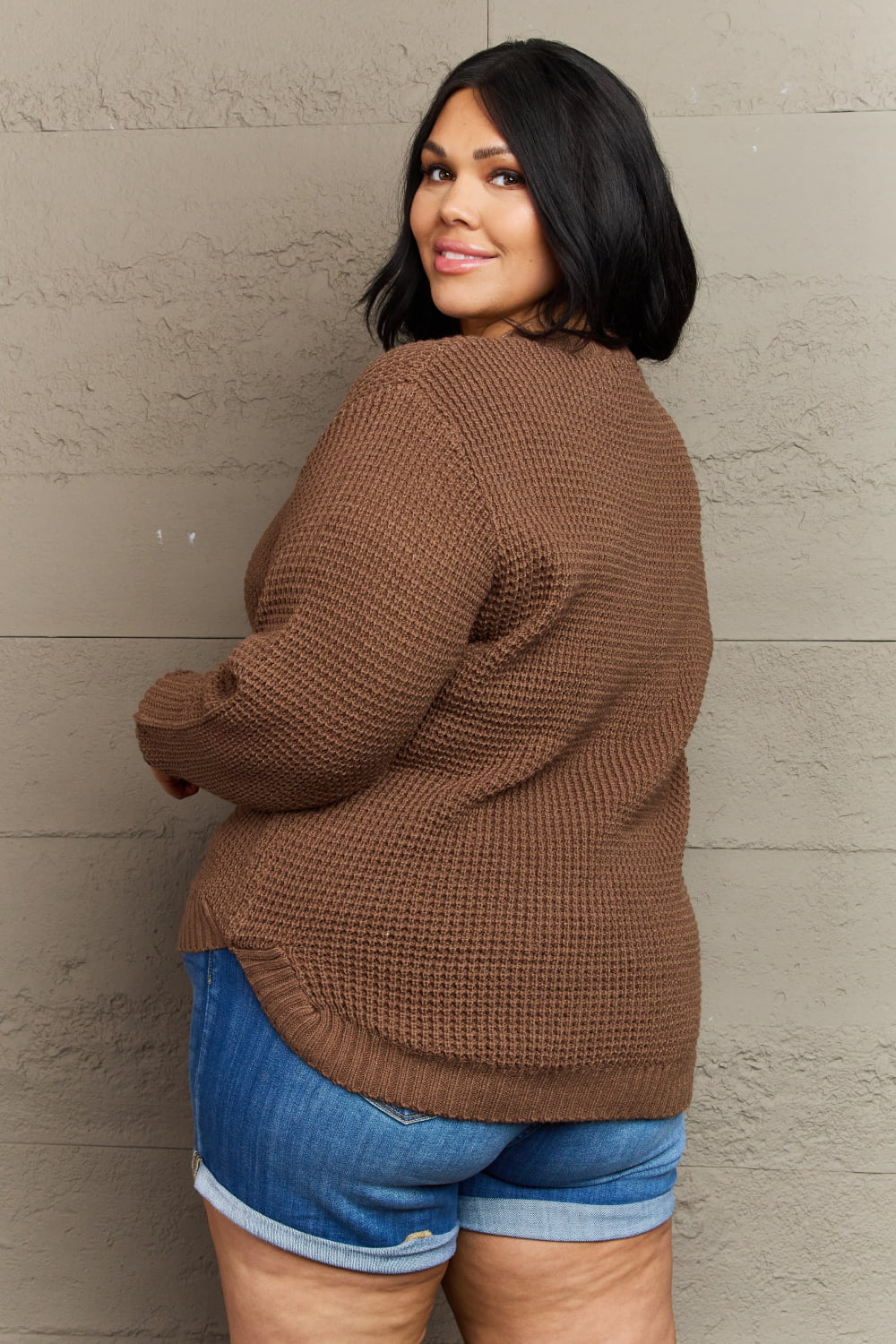 High Low Waffle Knit Sweater Plus Size in Brown back view