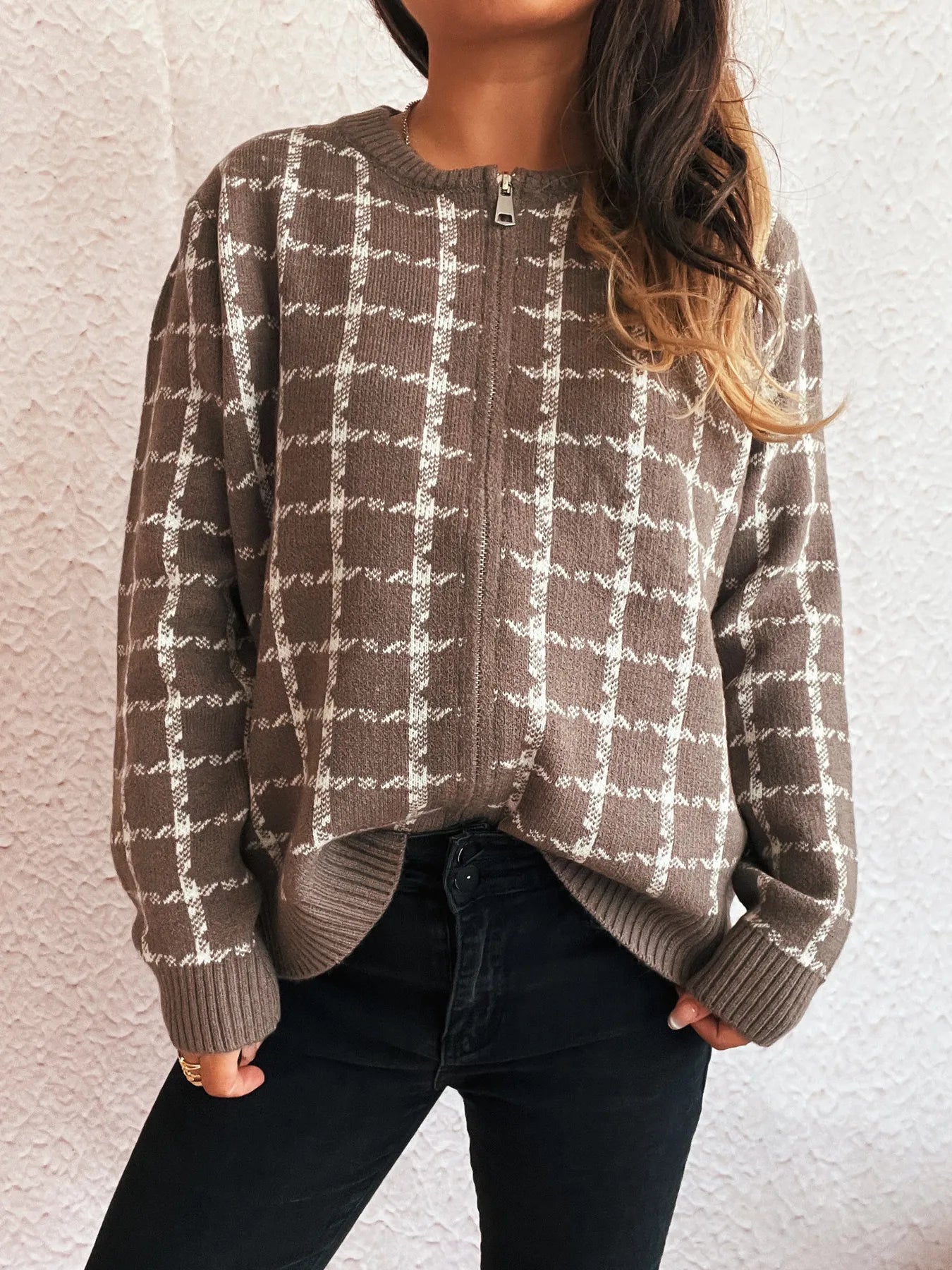 Plaid Pattern Zip Up Cardigan Gray Rice Dumpling One Size - Fashorio
