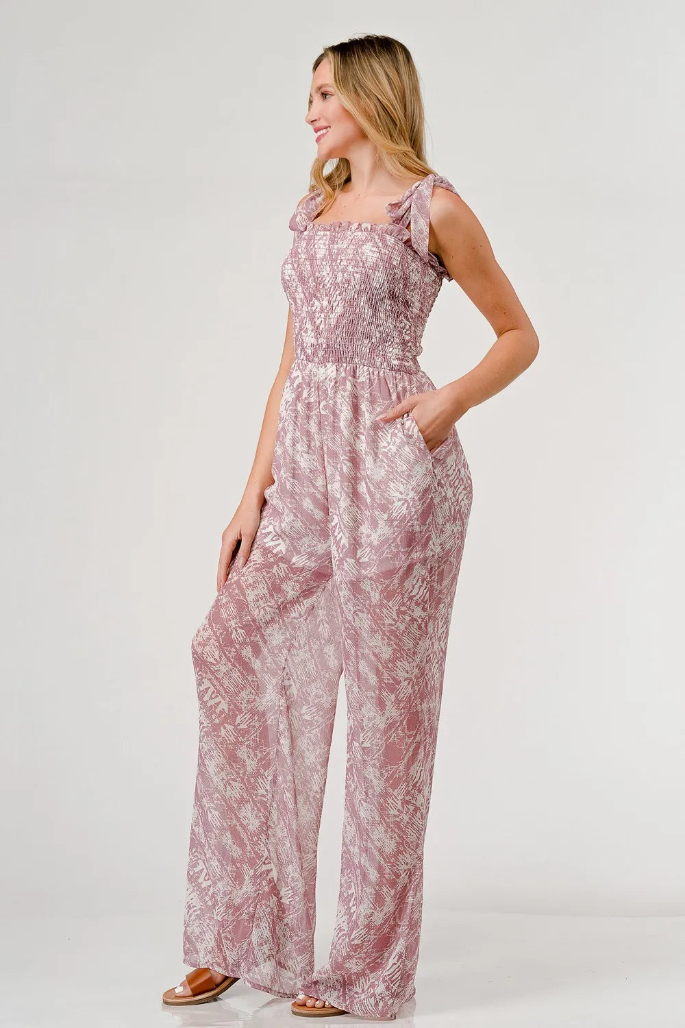 Printed Tie Shoulder Wide Leg Jumpsuit detail