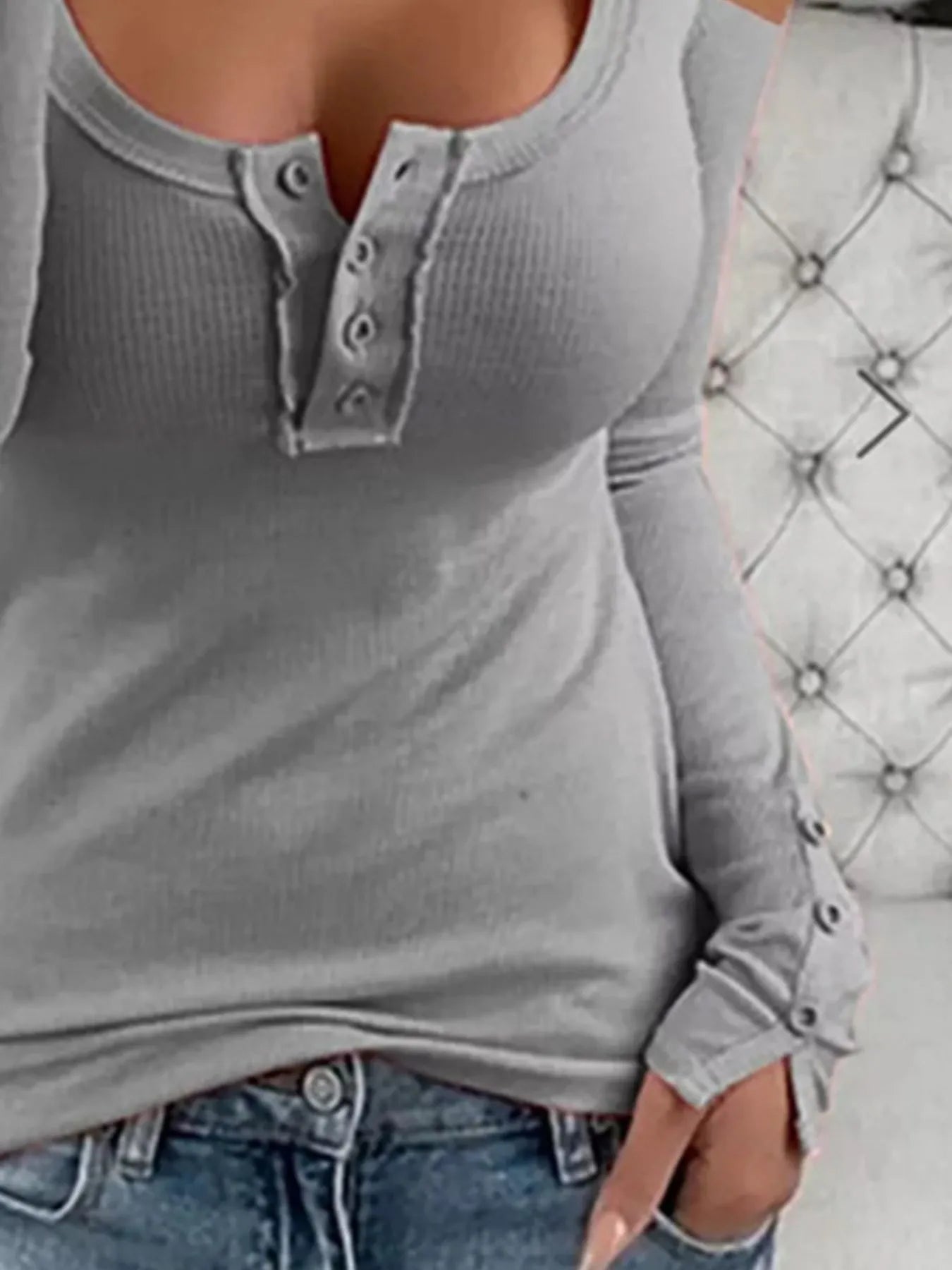 Cold Shoulder Ribbed Henley T-Shirt with Button Detail - Fashorio