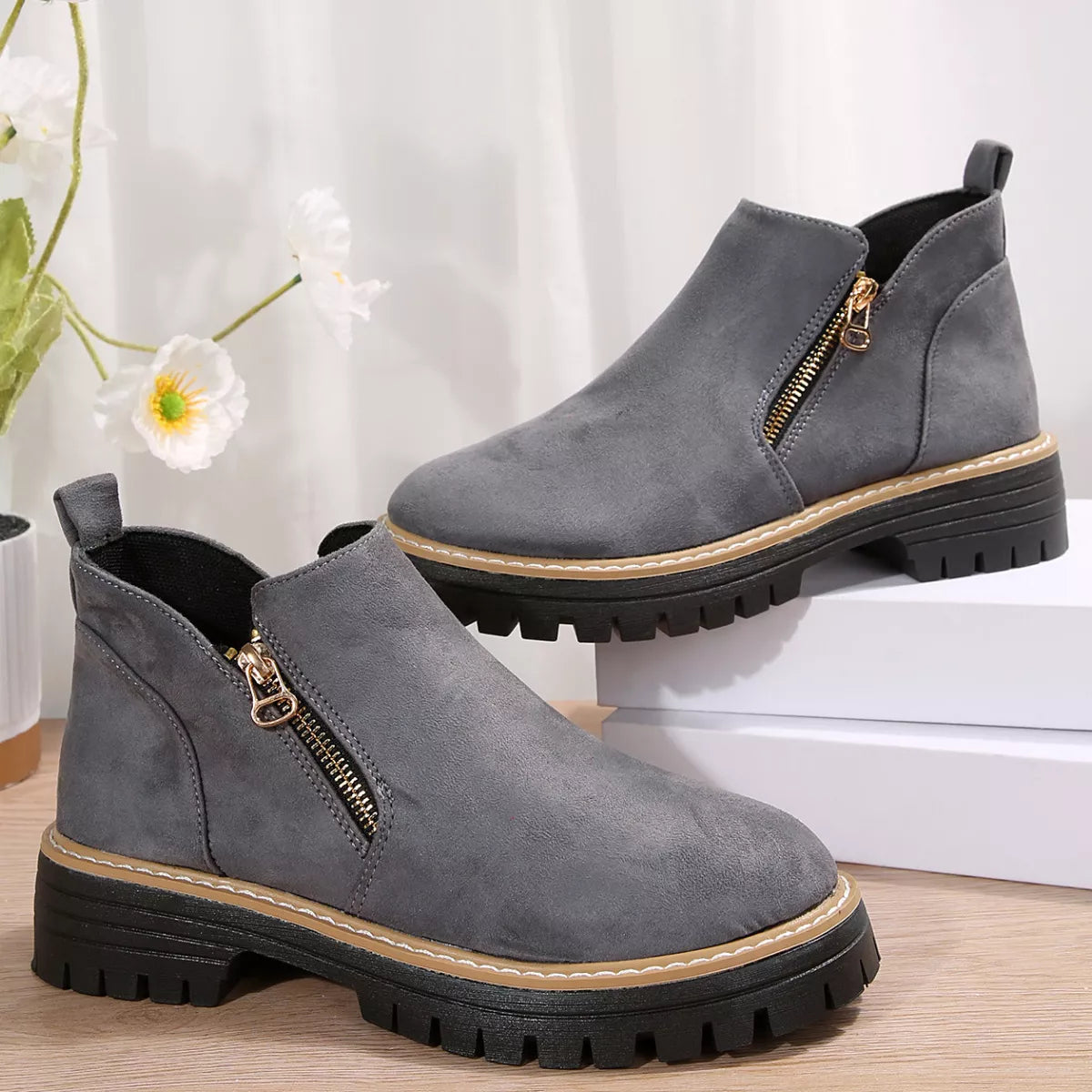side zip ankle boots on model view