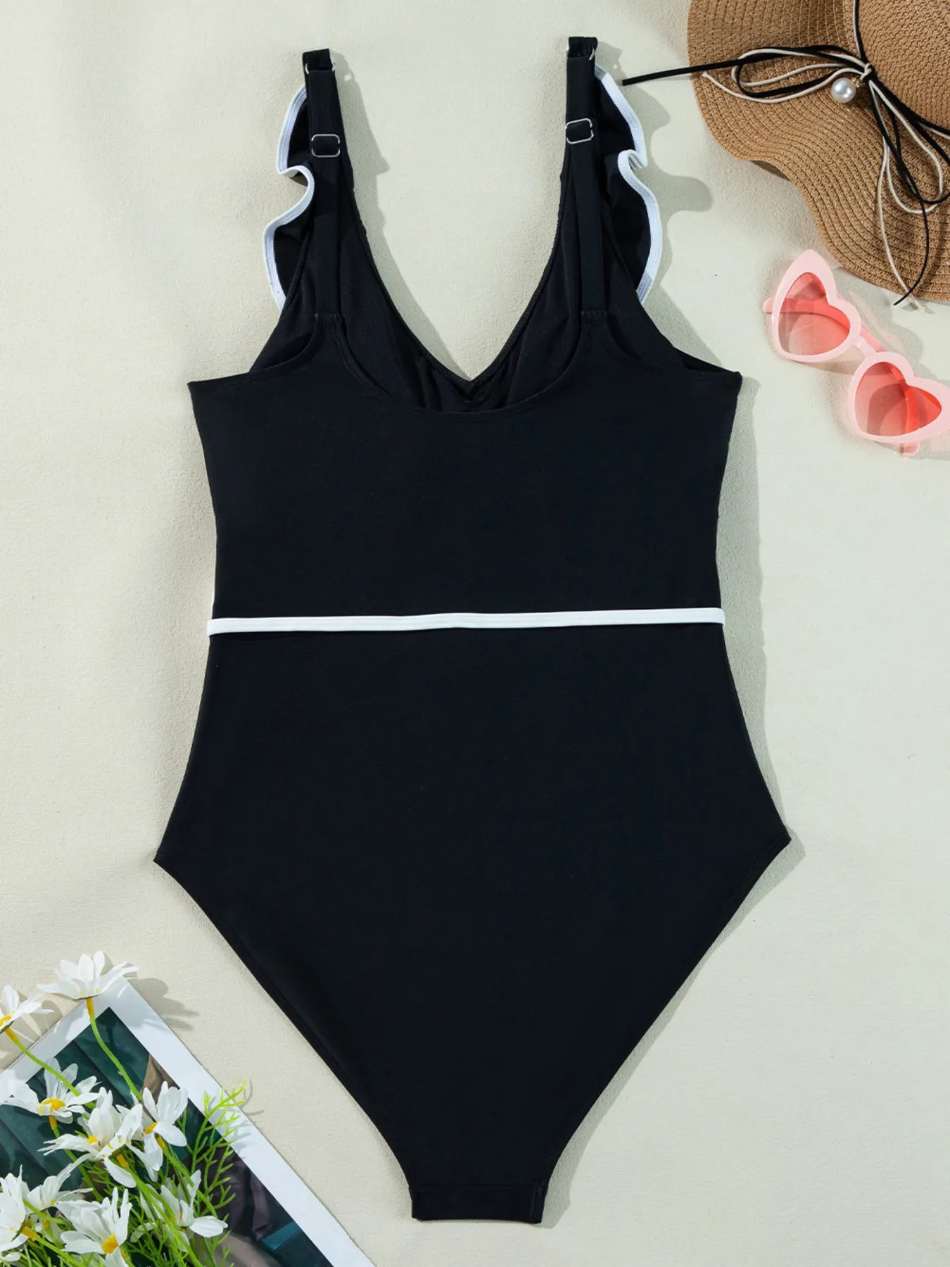 Ruffle Trim V-Neck One-Piece Swimsuit - Fashorio