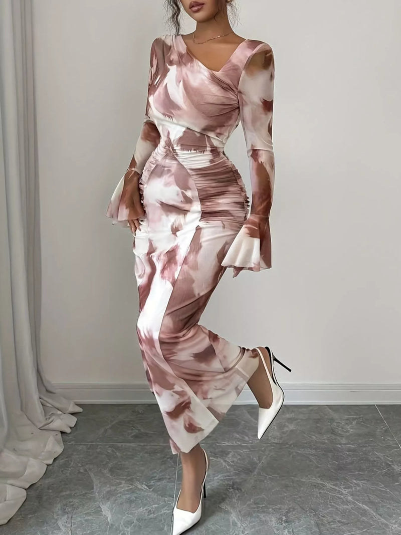 Red asymmetrical neck long sleeve maxi dress, front view