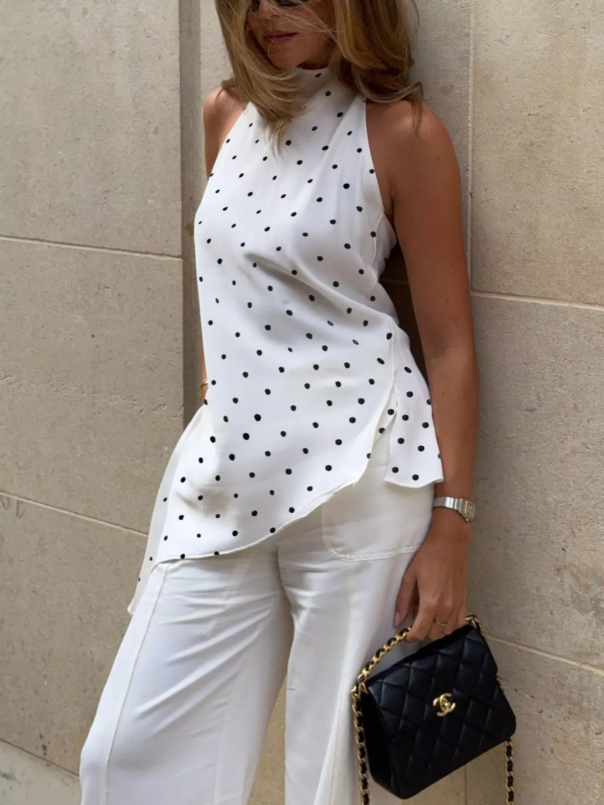 Halter neck top shown at a side angle